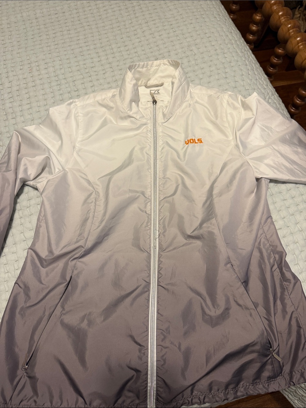 Cutter & Buck White to Gray Ombre Bomber Jacket with Orange VOLS Logo